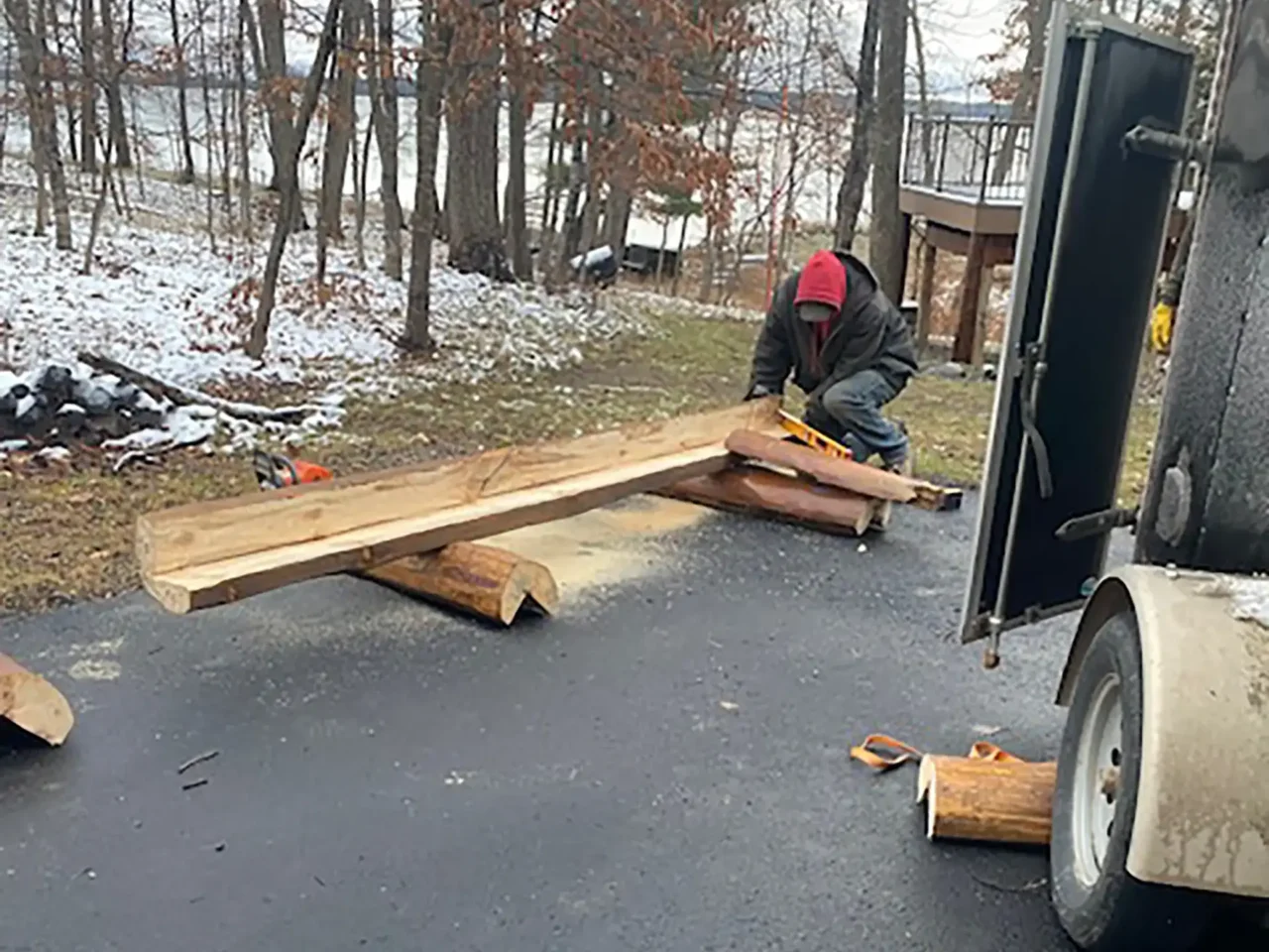Crew working on a Log Home Structural Post Replacement in Crosslake mn